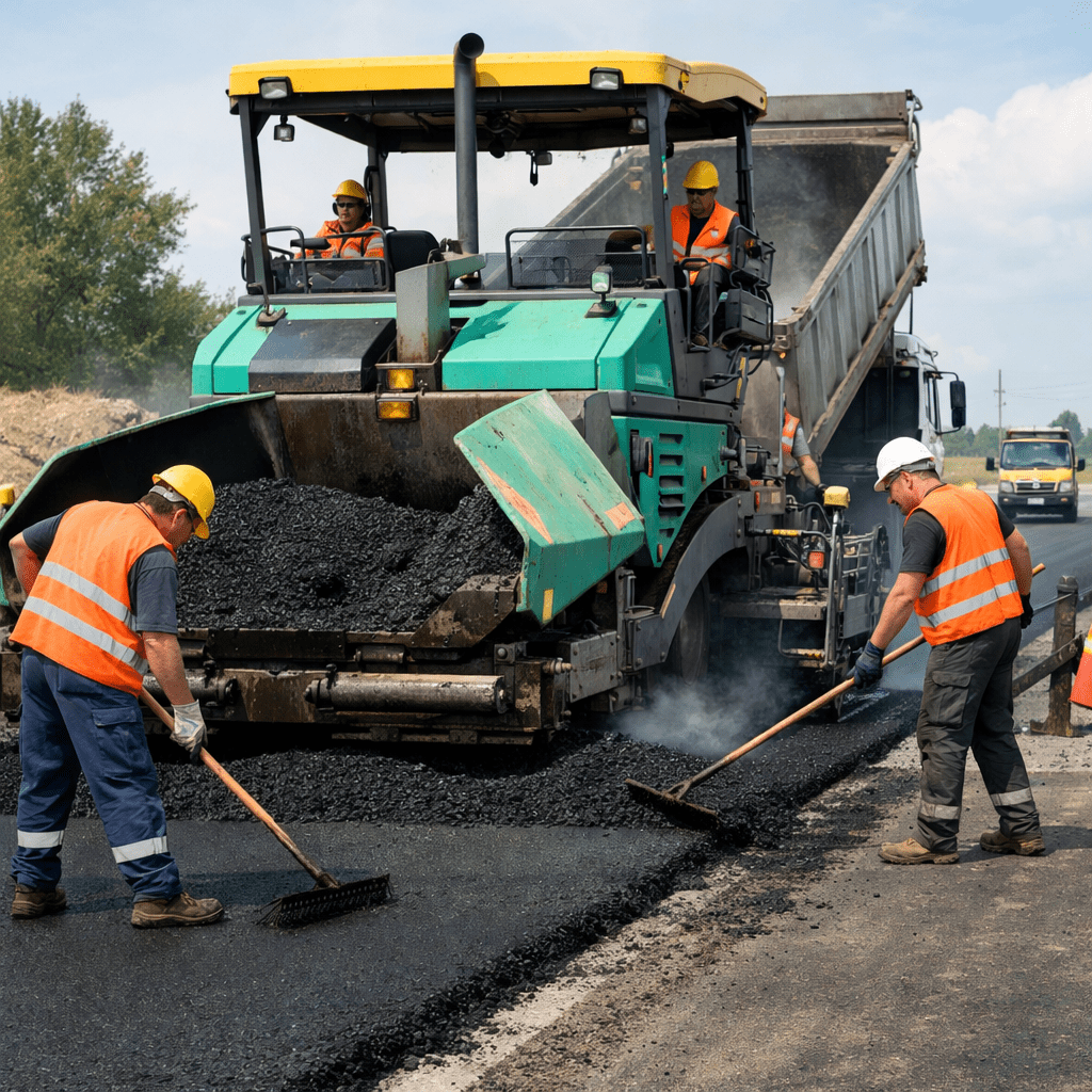 Construction workers in safety vests and helmets spreading asphalt with a paving machine