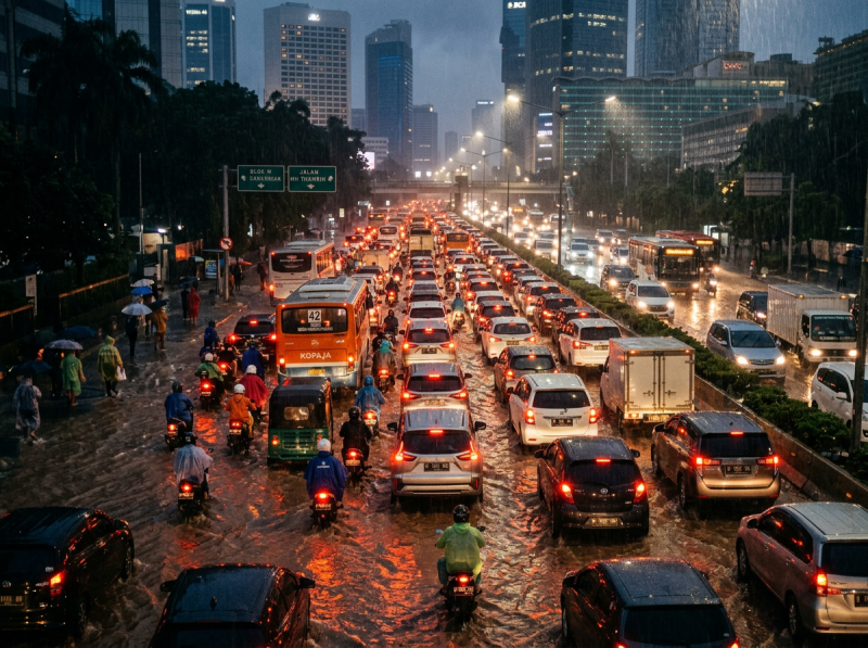 Flooded urban street with heavy traffic and motorcycles in rain